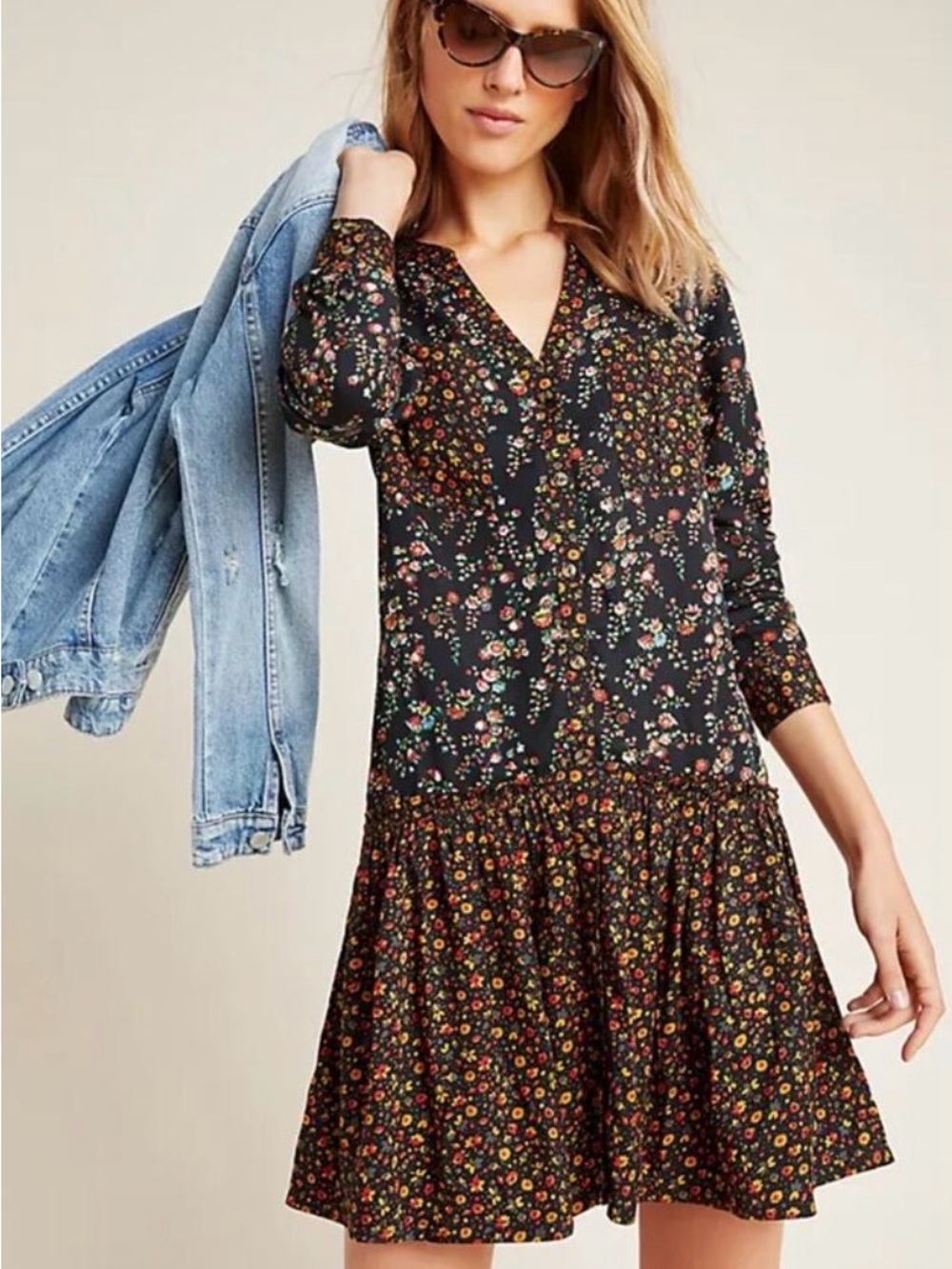 Maeve by Anthropologie - Women's Black Floral V-Neck Drp Waist Dress